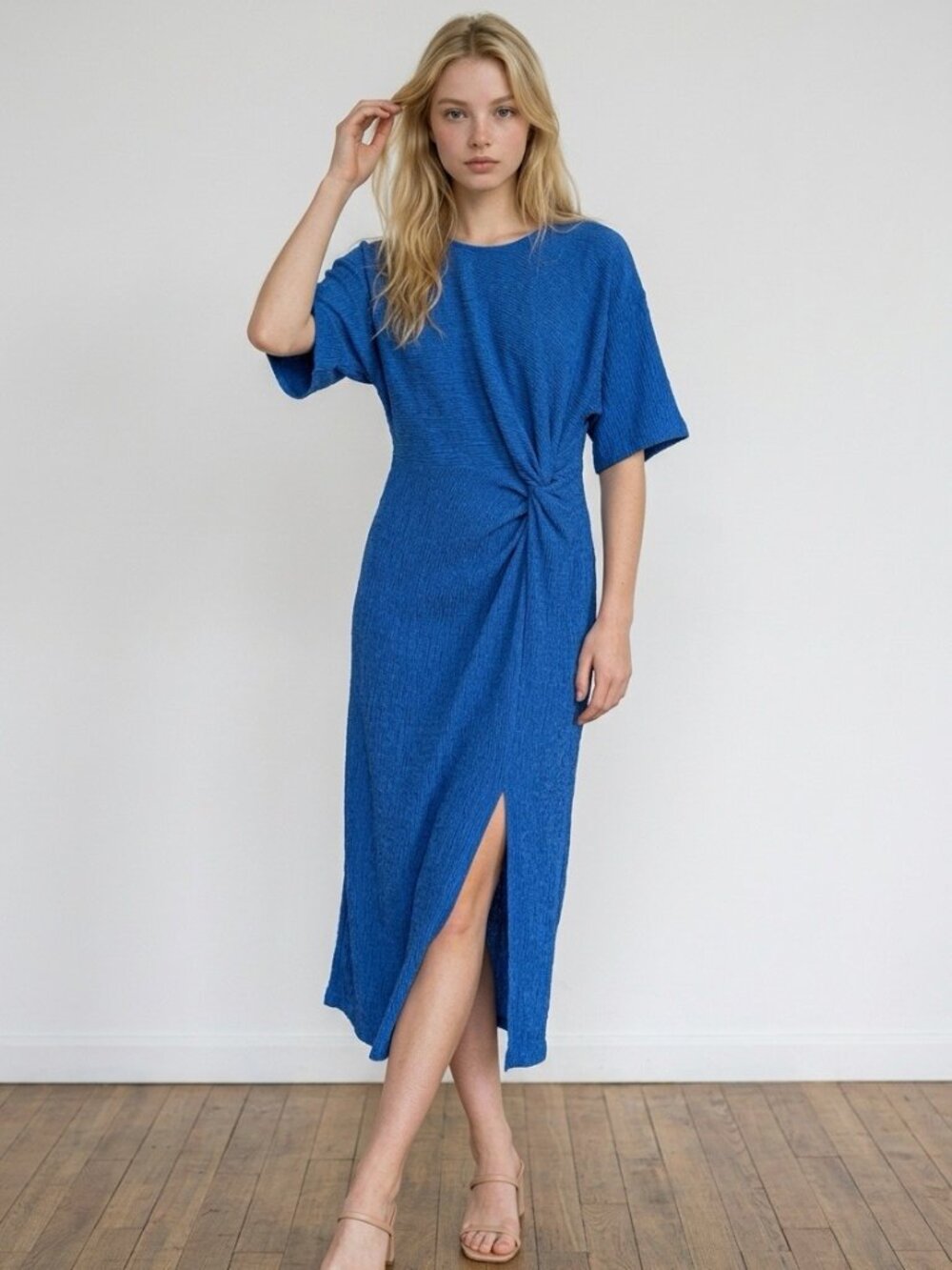 H&M Royal Blue Textured Twist Front Midi Dress Size M